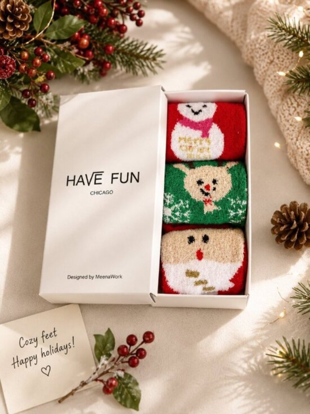 Have Fun Chicago Christmas Socks 3 Pack Santa Snowman Reindeer Gift Set NIB